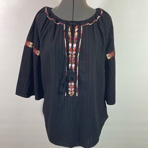 Wild Majesty Top Women Size XL Black Ties Neck w Tassels Embroidered Detail